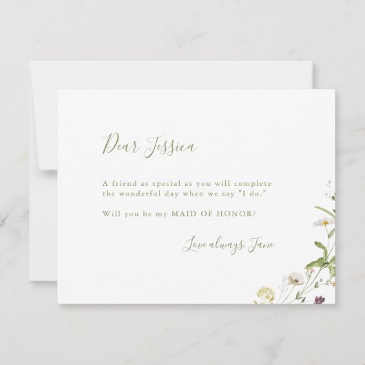 セージ・グリーン・ワイルドフラワーがメイド・オブ・オーナー（花嫁付き添い人） 招待状 (裏面)