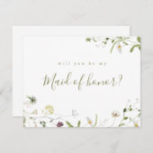 セージ・グリーン・ワイルドフラワーがメイド・オブ・オーナー(花嫁付き添い人) 招待状 (正面/裏面)