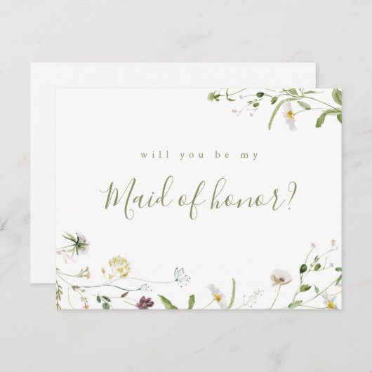 セージ・グリーン・ワイルドフラワーがメイド・オブ・オーナー(花嫁付き添い人) 招待状 (正面/裏面)