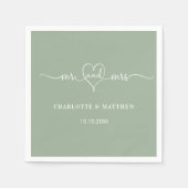セージ・グリーンmrミセスハートスシンプルト結婚・スクリプト スタンダードカクテルナプキン (正面)