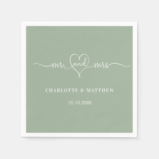 セージ・グリーンmrミセスハートスシンプルト結婚・スクリプト スタンダードカクテルナプキン (正面)