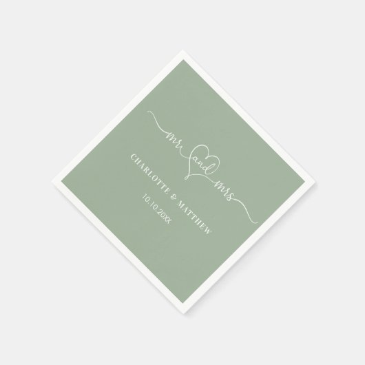 セージ・グリーンmrミセスハートスシンプルト結婚・スクリプト スタンダードカクテルナプキン (角)