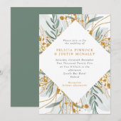 セージ＆ゴールドグリッタージオメトリックウィンターロマンティックウェディング 招待状 (正面/裏面)