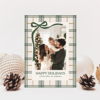 セージ&ゴールド・チェック柄 メリークリスマス 写真入り シーズンカード