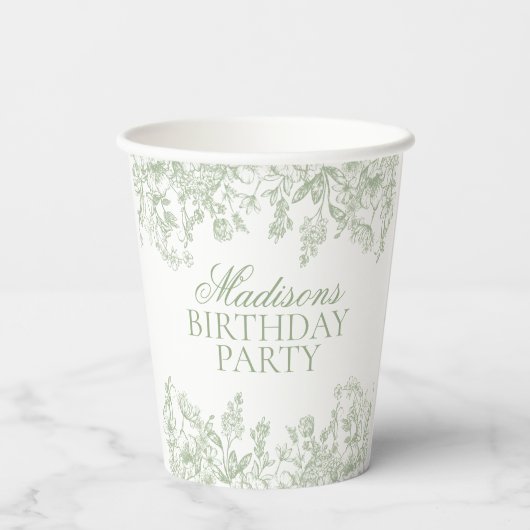 セージ チャイノワズリ ヴィンテージ フローラル 誕生日 紙コップ (裏面)
