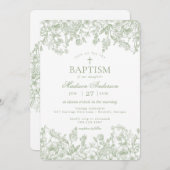 セージ パステル シノワズリー ヴィンテージ フラワー 洗礼 招待状 (正面/裏面)