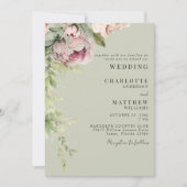 セージ&ピンクの水色の牡丹エレガントな結婚式 招待状 (正面)