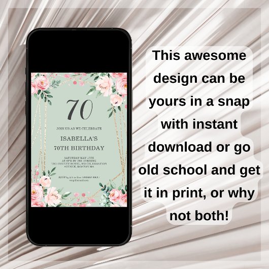 セージ |ピンク赤面フローラ70番目の誕生日招待状 招待状