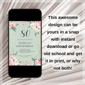 セージ |ピンク赤面フローラ80番目の誕生日招待状 招待状