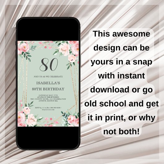 セージ |ピンク赤面フローラ80番目の誕生日招待状 招待状