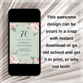 セージ | ピンク ブラッシュ フラワーの70歳の誕生日招待状 招待状