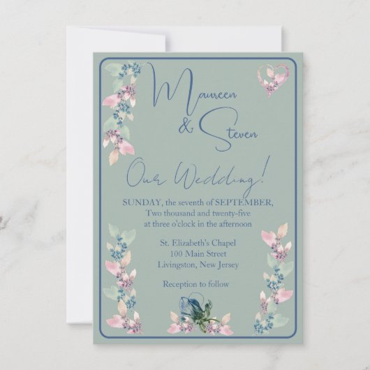 セージ、ピンク、ブルーヒューズのフローラ結婚 招待状 (正面)