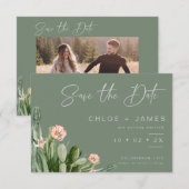 セージ フラワリング カクタス ウェディング セーブ・ザ・デート カード (正面/裏面)
