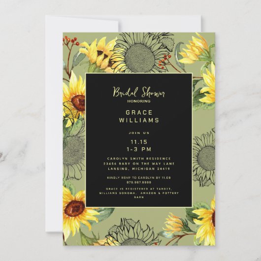セージ&ブラックウォーター色ひまわりブライダルシャワー 招待状 (正面)