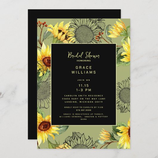 セージ&ブラックウォーター色ひまわりブライダルシャワー 招待状 (正面/裏面)