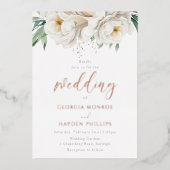 セージ&ホワイトフローラバラ結婚金ゴールド 箔招待状 (正面)
