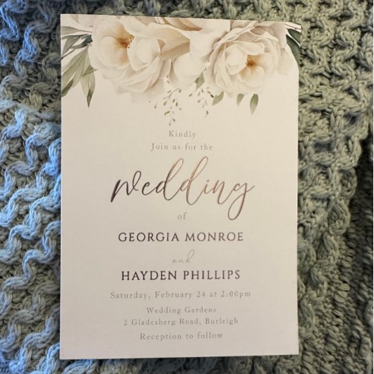 セージ&ホワイトフローラバラ結婚金ゴールド 箔招待状