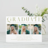 セージ ミニマリスト 装飾的 3 フォト 卒業 招待状 (スタンド正面)