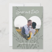 セージ モダン フォト ハート フレーム セーブ ザ デート 招待状 (正面)