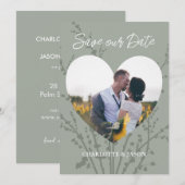 セージ モダン フォト ハート フレーム セーブ ザ デート 招待状 (正面/裏面)