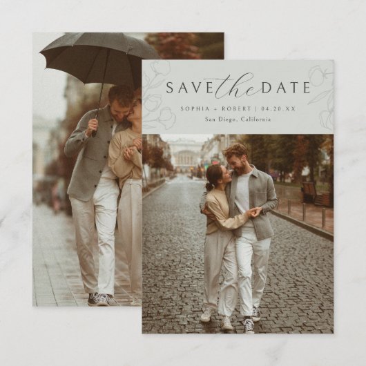 セージ |書道シンプルフローラの結婚写真 セーブザデート (正面/裏面)