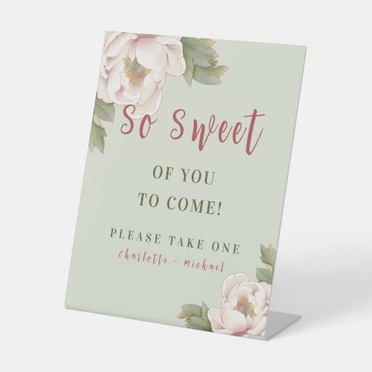 セージ&赤面ピンク牡丹フローラ結婚式の引き出物標識 台座サイン (正面)