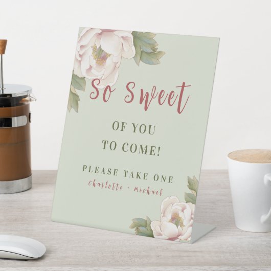 セージ&赤面ピンク牡丹フローラ結婚式の引き出物標識 台座サイン (インサイチュ)