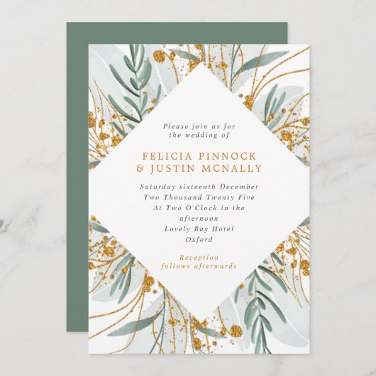 セージ&金ゴールドグリッター幾何学冬の結婚式 招待状 (正面/裏面)