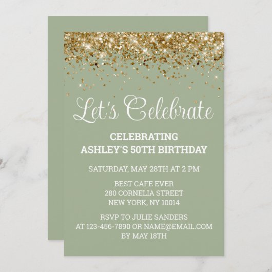 セージ&金ゴールドグリッター50誕生日レッツ祝ー 招待状 (正面/裏面)