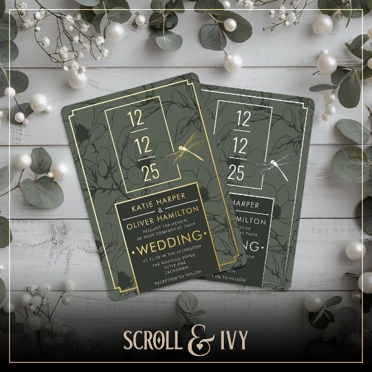 セージ&金ゴールドフローラフォイル結婚式招待状 箔招待状