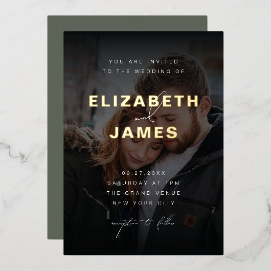 セージ&金ゴールドモダンミニマ素朴リス結婚ト 箔招待状 (正面/裏面)