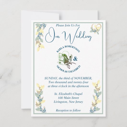 セージ、黄、および白のフローラ結婚 招待状 (正面)