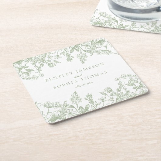 セージChinoiserieヴィンテージフローラ結婚式の引き出物 スクエアペーパーコースター (アングル)