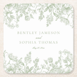 セージChinoiserieヴィンテージフローラ結婚式の引き出物 スクエアペーパーコースター