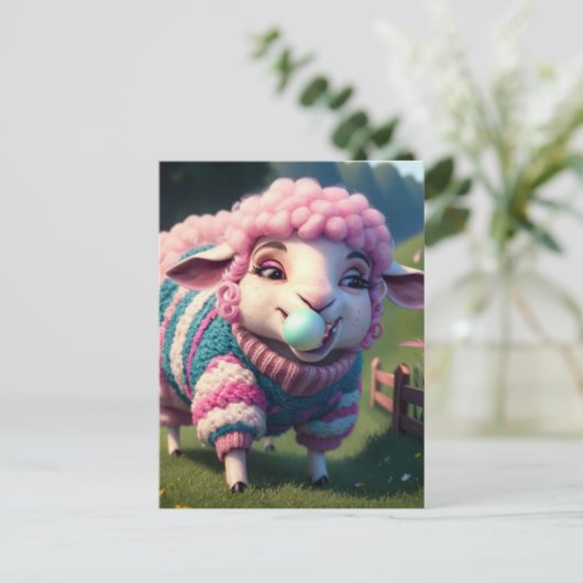 セーターおもしろいを着た羊がバブルガムを噛む ポストカード (スタンド正面)