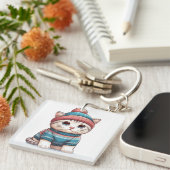 セーターとビーニーを着た可愛い猫 キーホルダー (正面右)