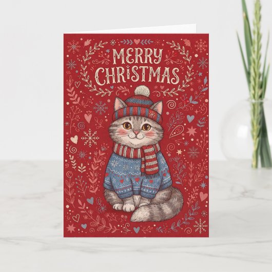 セーターと帽子を着たクリスマスの猫 シーズンカード (正面)