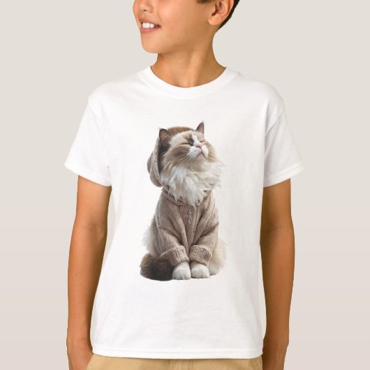 セーターのフーディーを着たかわいいラグドール猫の子供服 Tシャツ (正面)