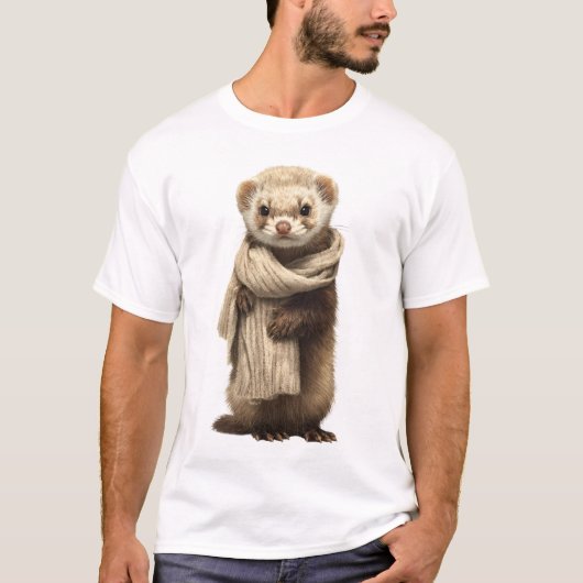 セーターのマフラー姿のフェレットのイラスト Tシャツ (正面)
