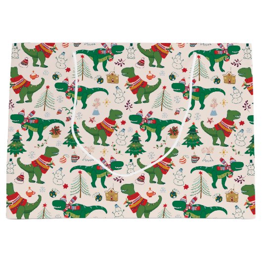 セーターの恐竜クリスマスパターン ラージペーパーバッグ (正面)