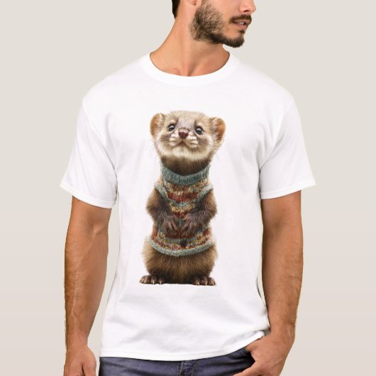 セーターを着たかわいいイタチ Tシャツ (正面)