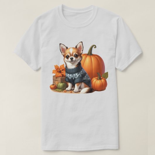 セーターを着たかわいいチワワとカボチャ Tシャツ (デザイン正面)