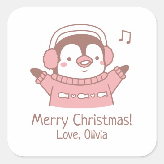 セーターを着たかわいいペンギン、メリークリスマス スクエアシール (正面)
