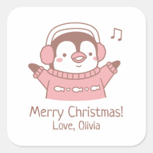 セーターを着たかわいいペンギン、メリークリスマス スクエアシール