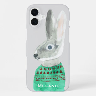 セーターを着たウサギの水彩画 グレー 名入れ可能 iPhone 16 PLUSケース