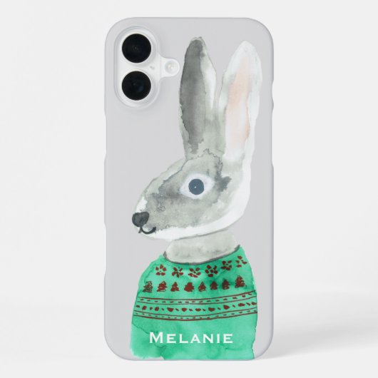 セーターを着たウサギの水彩画 グレー 名入れ可能 iPhoneケース (裏面)