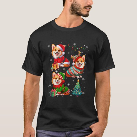 セーターを着た3匹のサンタのトナカイのエルフコーギー犬 オウ Tシャツ (正面)