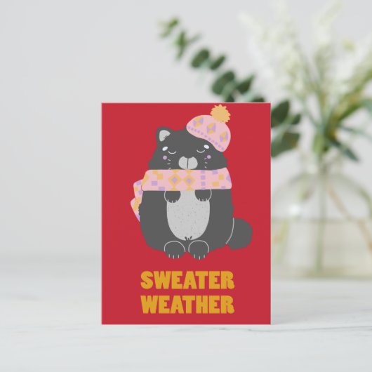 セーターウェザーピンクスカーフ&ハット子猫 ポストカード (スタンド正面)
