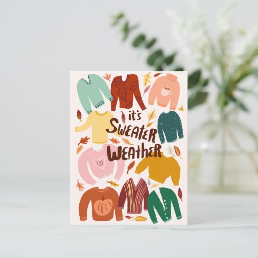 セーター天気秋秋の季節かわいい ポストカード (スタンド正面)