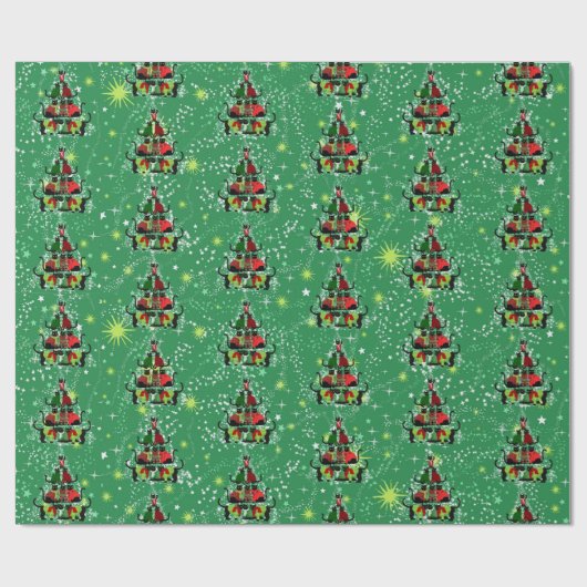 セーター姿のかわいい猫型枠クリスマスツリー ラッピングペーパー (フラット)